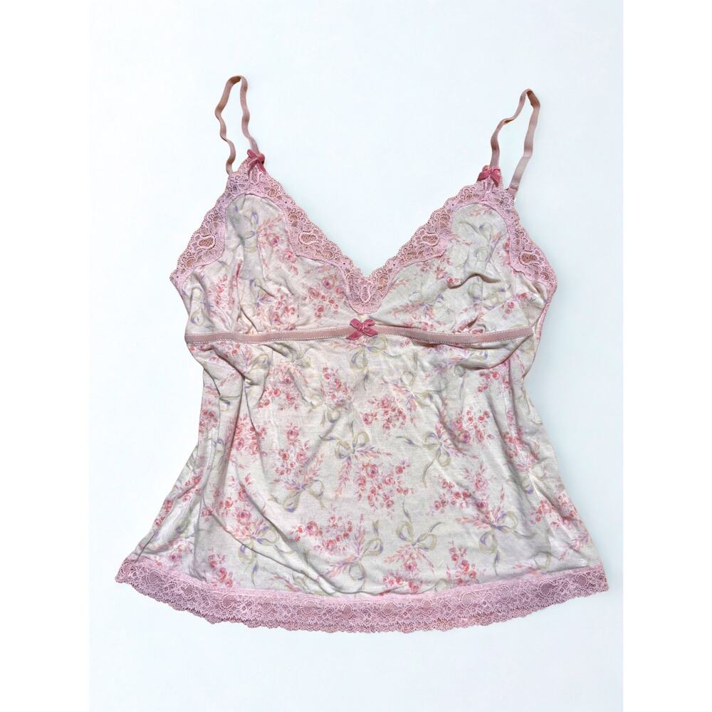 Vtg Y2K Victoria’s Secret Angels Pink Floral Lace Trim Cami Top